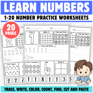 1-20 Number Practice Worksheets | Trace, Count, Color, Find, Cut and Paste